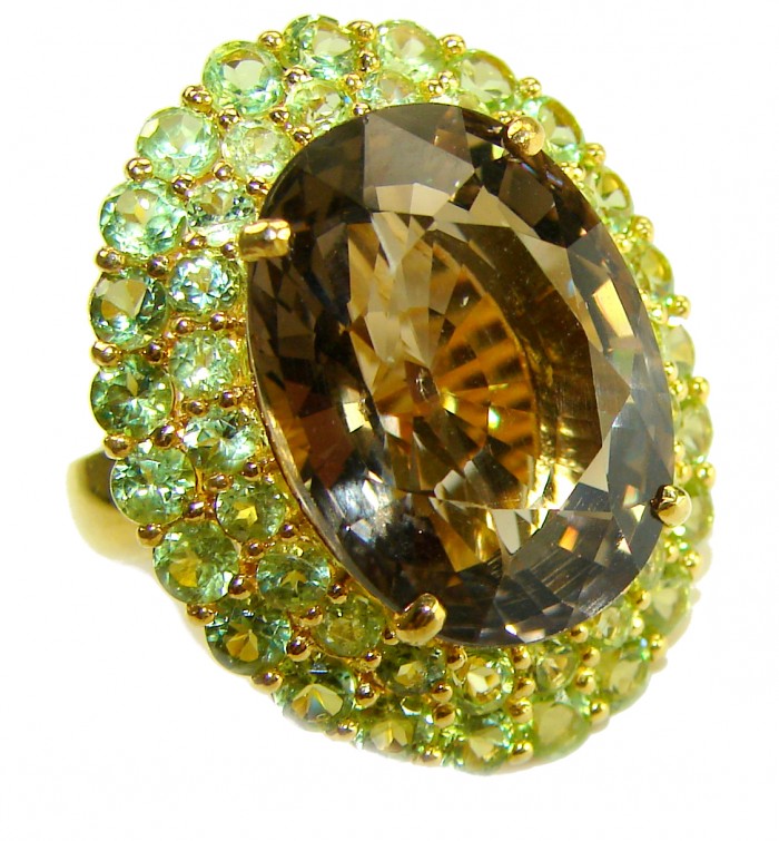 Serenity 18.5 carat Champagne Smoky Topaz 18K Gold over .925 Sterling Silver HUGE Ring size 7 - Close-up of Serenity ring with smoky topaz and green stones in 18K gold.