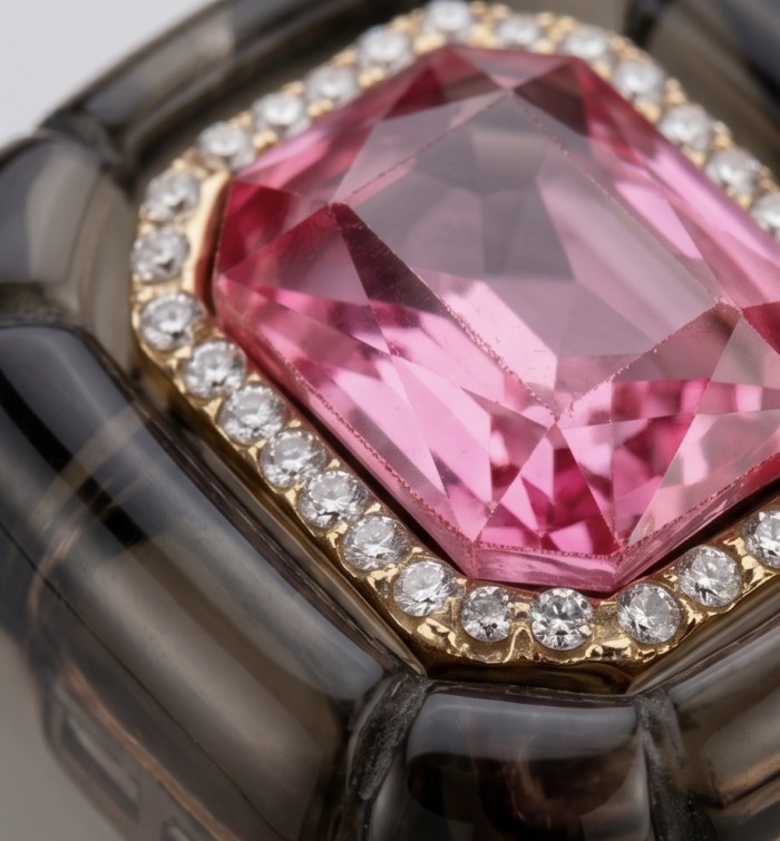 Candy Store - Modern Design Natural Brown Raisin Pink Topaz .925 Sterling Silver ring size 8 1/4 - Close-up of pink topaz ring with diamond accents
