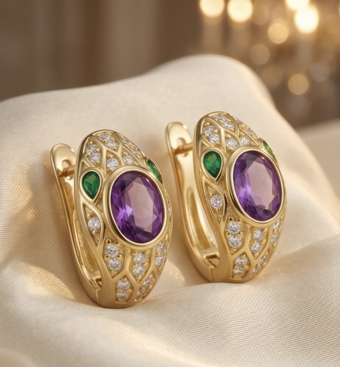 Seducer - Cobra 4.8 carat Amethyst 22K Gold over .925 Sterling Silver handcrafted earrings - Amethyst and gold earrings close-up with diamond details.