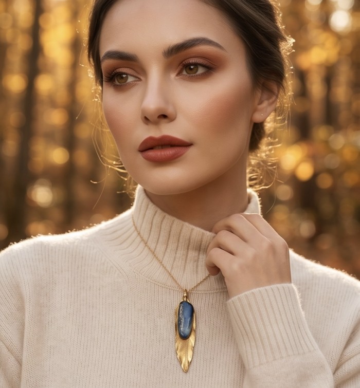 Stylish REAL Leaf dipped in gold Boulder Opal .925 Sterling Silver Pendant - Model wearing gold-dipped leaf necklace with boulder opal pendant