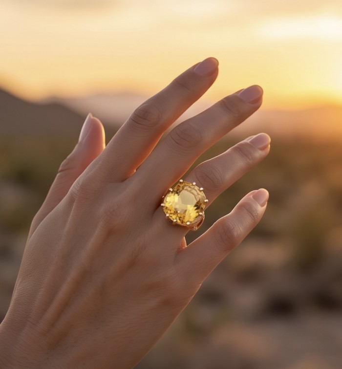 Liliana 28.5 carat HELIODOR .925 Sterling Silver dipped in Real 22K Gold Oversized Ring size 10 - Heliodor ring worn on hand against sunset background