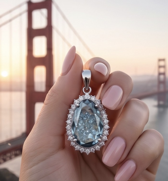 Stella 14.9 carat authentic London Blue Topaz .925 Sterling Silver Handcrafted Pendant - Close-up of Stella London Blue Topaz pendant held in hand against a bridge.