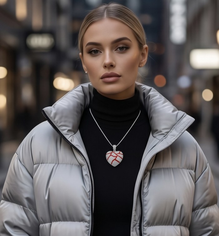Lava Heart Luxurious 8.4 carat White Topaz .925 Sterling Silver handcrafted pendant - Lava Heart White Topaz necklace worn on model, street background.