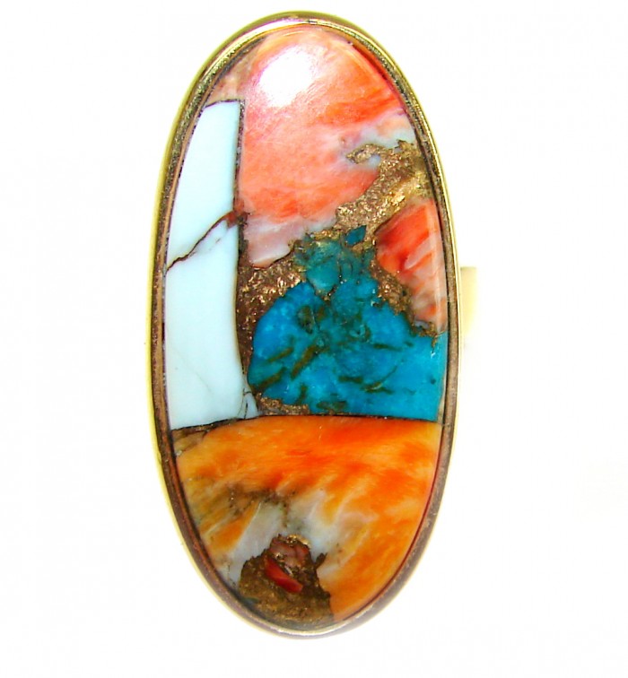 Rare 29.5 carat Oyster Turquoise 18K Gold over .925 Sterling Silver handcrafted Large ring; s. 7 adjustable - Oval ring with colorful stones, 29.5 carat, top view, 18K gold over silver.