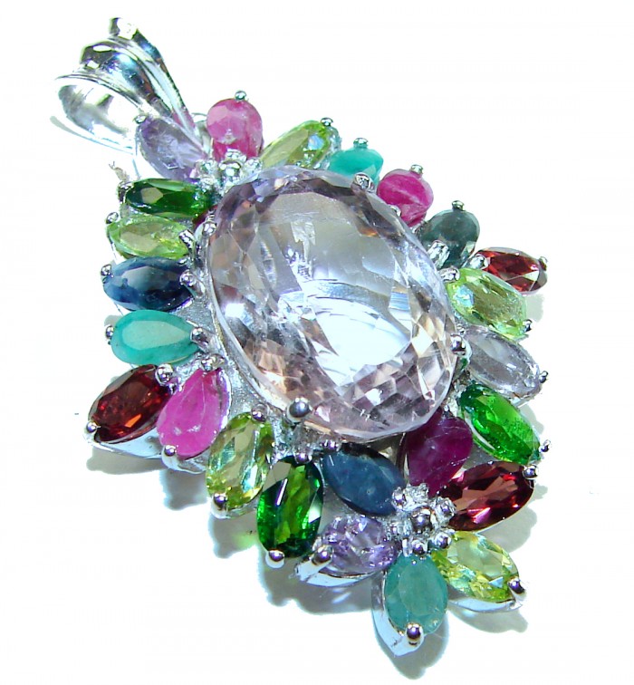 Isabella 15.5 carat Ametrine .925 Sterling Silver handmade Pendant - Close-up of Isabella Ametrine pendant with colorful gemstones, top view.
