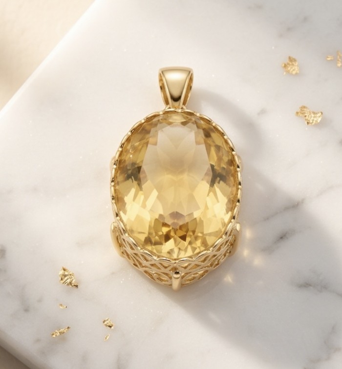 Perfection Oval cut 30.3 carat Lemon Quartz 18K Gold over .925 Sterling Silver handcrafted LARGE pendant - Stone close-up of 30.3 carat lemon quartz in 18K gold setting