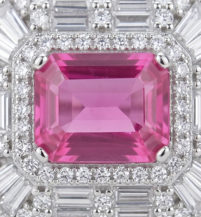 Stella 9.8 carat Brazilian Pink Topaz .925 Sterling Silver Handcrafted Statement Ring size 8 - Close-up of Brazilian Pink Topaz surrounded by diamonds in sterling silver.