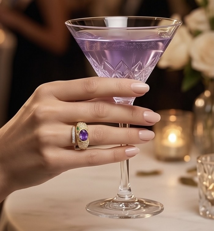 Seducer - Cobra 8.5 carat Amethyst 22K Gold over .925 Sterling Silver handcrafted handcrafted Ring s. 7 - Worn on hand, Seducer ring with amethyst and gold details