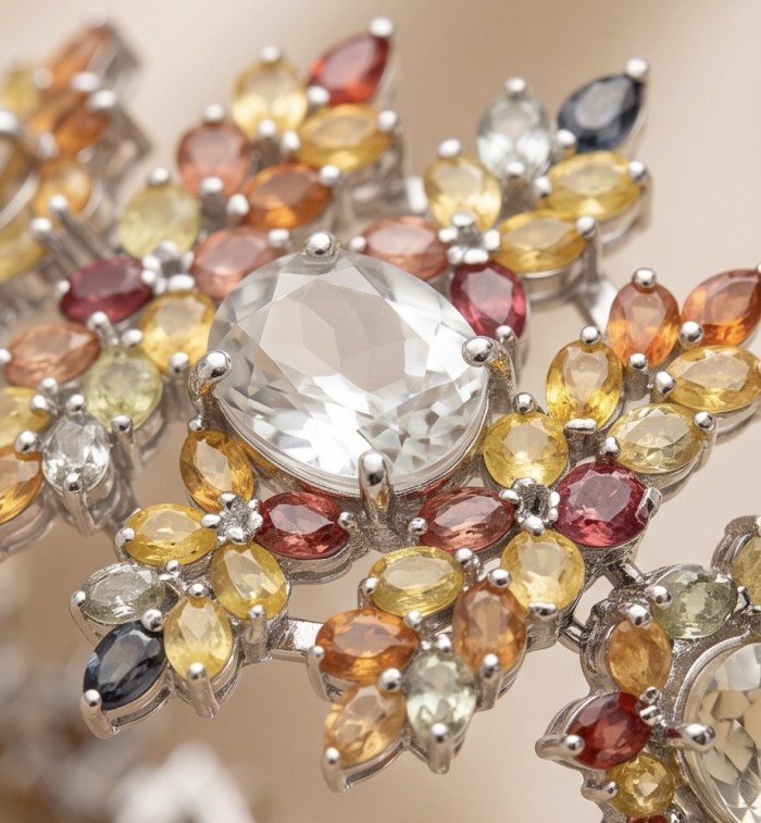 Victoria Authentic 55.5 carat multicolor Sapphire .925 Sterling Silver brilliantly dipped in Rhodium handcrafted Statement Bracelet - Close-up of multicolor sapphire stones on Victoria Authentic jewelry.