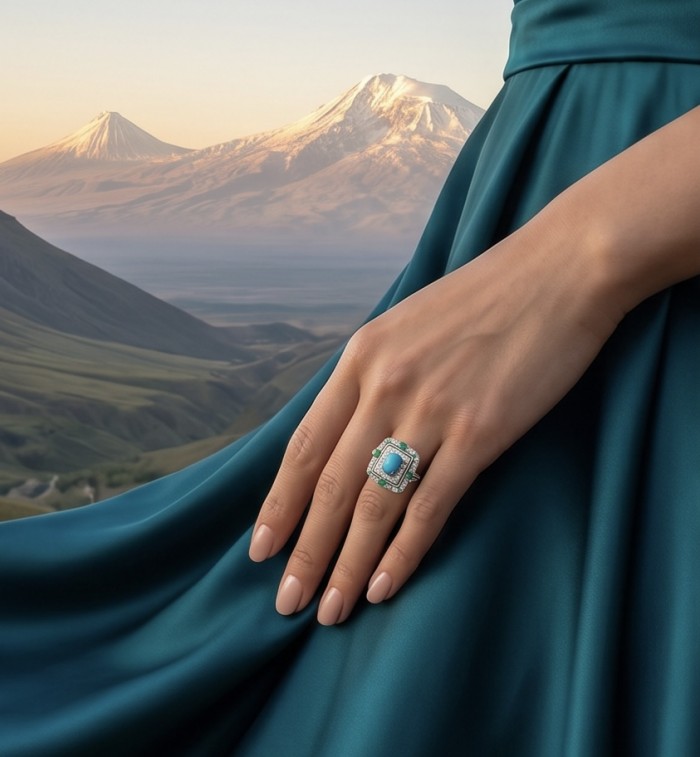 Art Deco - Pacifica - 18.4 carat Turquoise Emerald .925 Sterling Silver handmade Statement ring s. 8 adjustable - Turquoise emerald ring worn on hand with mountainous backdrop