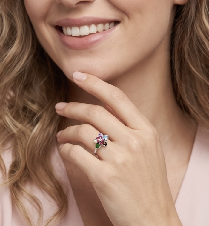 Flower 6.8 carat Multigem rhodium over .925 Sterling Silver Handcrafted Ring size 7 - Multigem floral ring on hand, close-up view of design and stones.