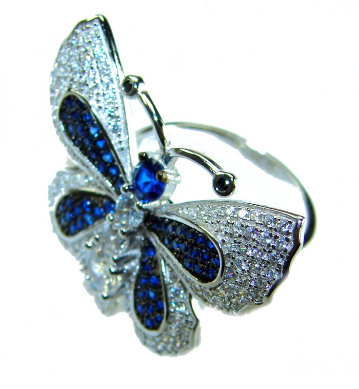 Precious Butterfly Genuine 10.5 carat Sapphire .925 Sterling Silver handmade Statement Ring size 7 1/2 - Butterfly sapphire ring, front view, with detailed gem embellishments.