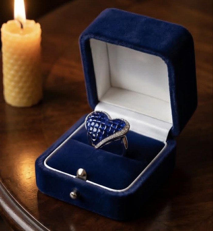 Pure Heart 12.2 carat natural Sapphire .925 Sterling Silver Perfectly handcrafted Ring s. 7 - Heart-shaped sapphire ring in velvet box, top view.