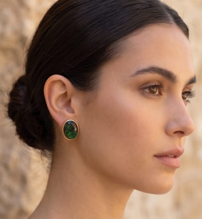 Sublime Aura Canadian Fire Ammolite 14K Gold over .925 Sterling Silver handmade earrings - Side view of Sublime Aura Ammolite earring in 14K Gold over .925 Silver.