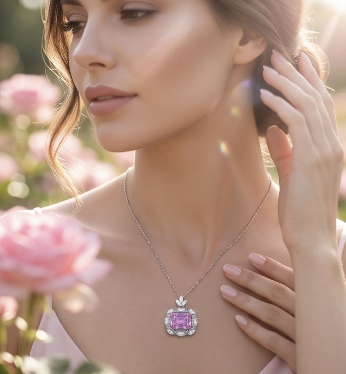 Vintage style boquette cut 12.8 carat Pink Sapphire .925 Sterling Silver DIPPED IN RHODIUM handmade Pendant - Woman wearing pink sapphire necklace in a garden setting.