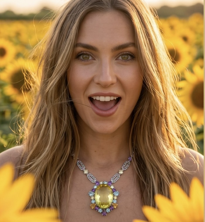 Giovanna - Exquisite Beauty authentic 55.9 carat Lemon Quartz .925 Sterling Silver handcrafted necklace - Woman wearing Giovanna necklace, front view in sunflower field.