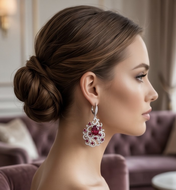 Tiffany - authentic 14.5 carat Mozambique Ruby .925 Sterling Silver dipped in White Gold handcrafted Statement Earrings - Side view of woman wearing 14.5 carat Mozambique Ruby earrings