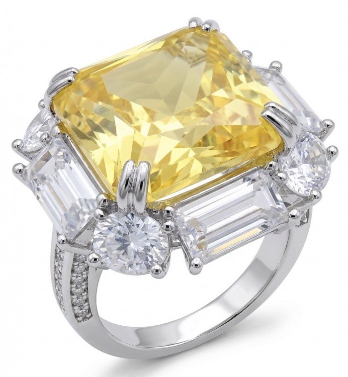 Art Deco - Luxurious asscher cut 15.7 carat Yellow Sapphire 18K Gold over .925 Sterling Silver handcrafted Ring s. 7 1/2 - Close-up of Art Deco yellow sapphire ring with diamond accents