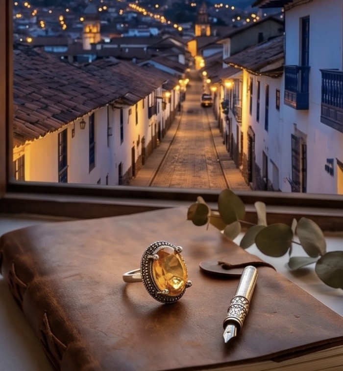 Costa del Sol 25.4 carat Lemon Quartz rhodium over .925 Sterling Silver handcrafted ring size 8 - Lemon Quartz ring on book with scenic city view in background.