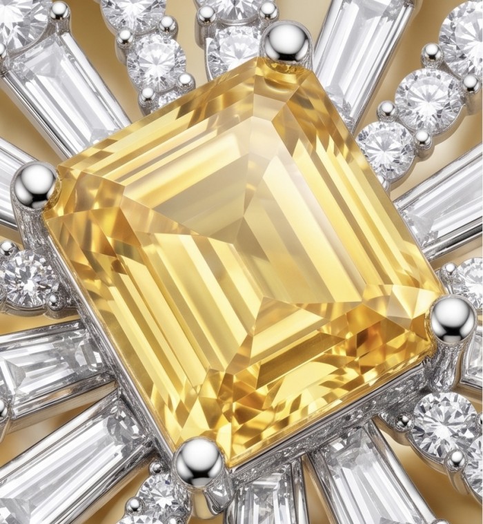 Wearable Art 6.8 carat Genuine Yellow Sapphire .925 Sterling Silver handcrafted ring size 6 1/4 - Close-up of 6.8 ct yellow sapphire ring with diamonds, .925 sterling silver.