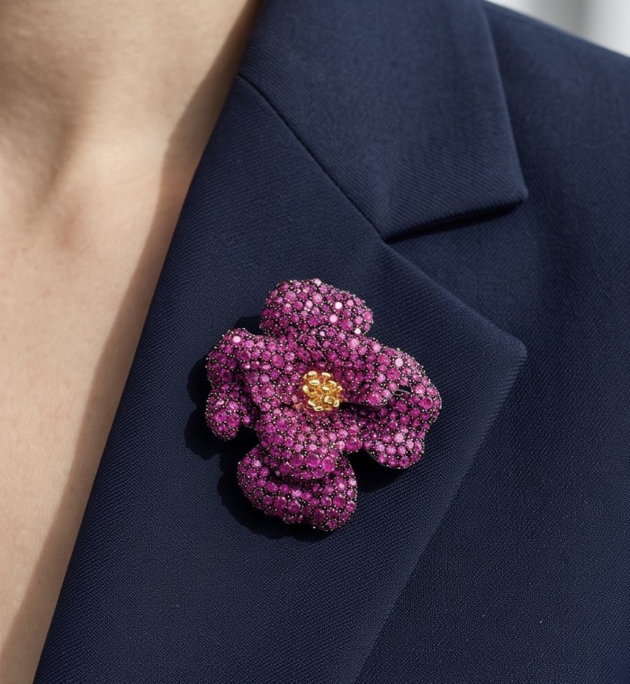Black Label Collection - Retro Style - Rose Genuine 40.5 carat Ruby 2 tones .925 Sterling Silver dipped in black rhodium handmade Pendant - Brooch - Rose-shaped brooch with pink stones worn on navy lapel.