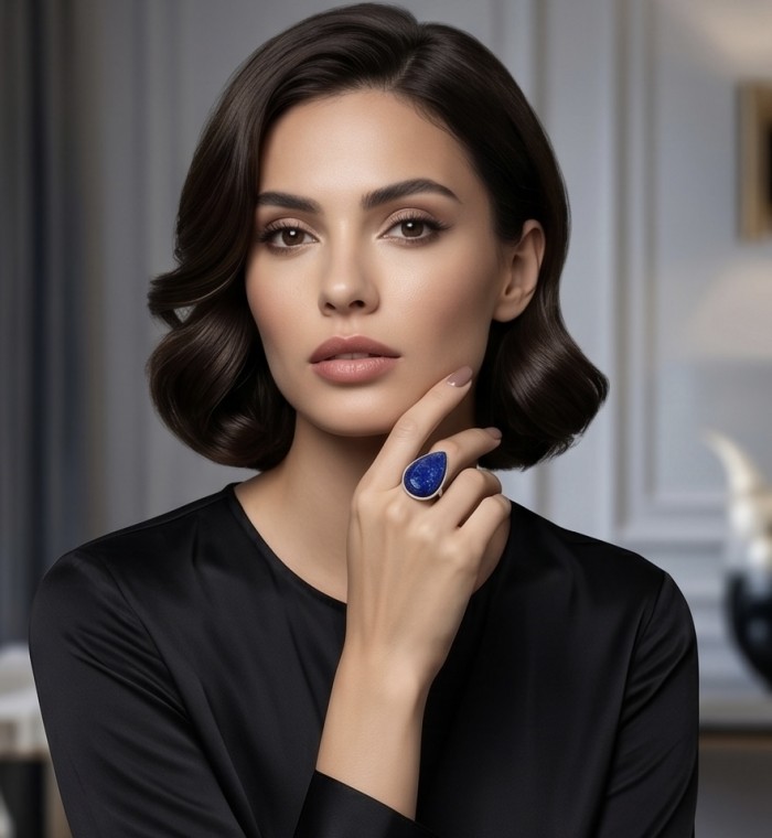 Natural 24.5 carat Lapis Lazuli .925 Sterling Silver handcrafted ring size 8 adjustable - Woman wearing Lapis Lazuli ring, close-up view on hand