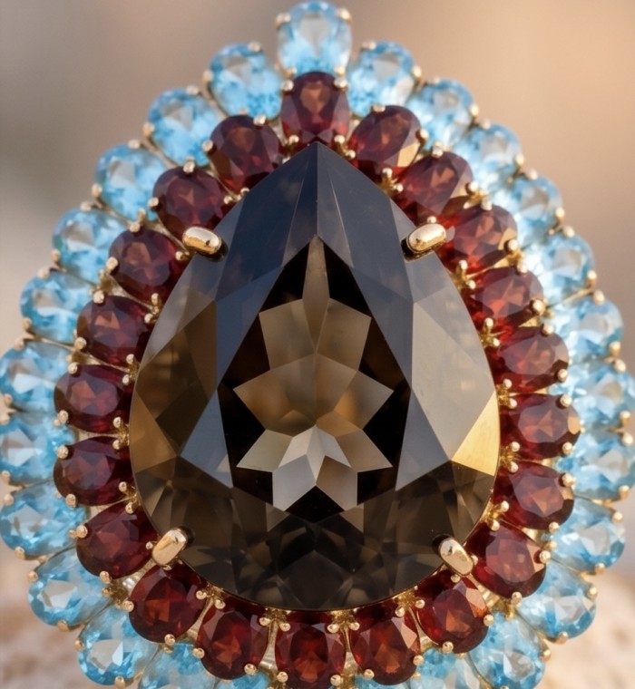An exuberantly Large 39.8 grams carat Genuine Smoky Topaz .925 Sterling Silver dipped in 18K Rose Gold Handcrafted Ring size 8 1/4 - Close-up of large smoky topaz ring with red and blue stone accents