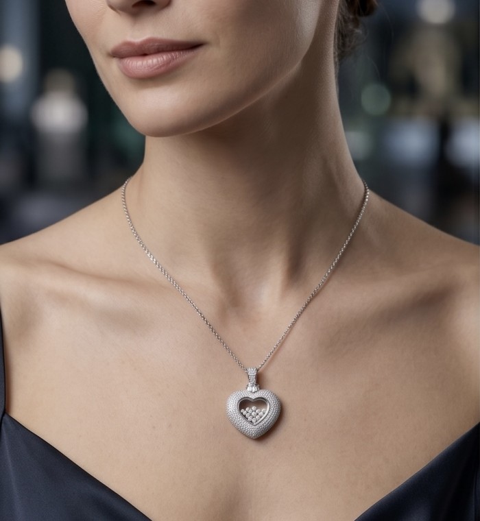 Precious Heart - Floating Memories 4.5 carat White Sapphire .925 Sterling Silver Handcrafted Statement pendant - Worn heart-shaped necklace with white sapphires, front view.