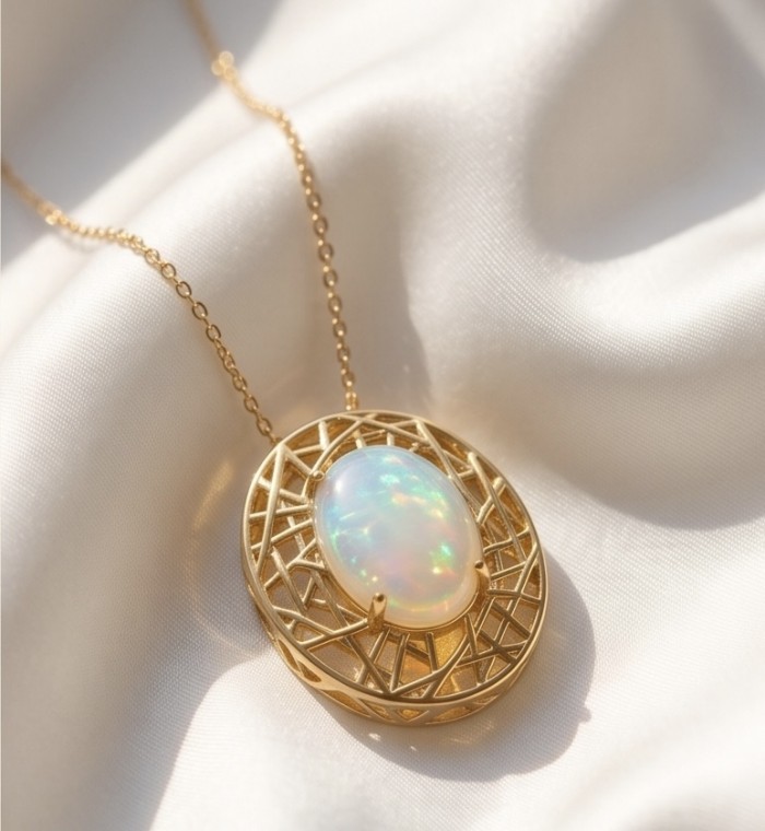Earth Treasure Authentic 12.8 carat Golden Ethiopian Opal 22K Gold over .925 Sterling Silver handcrafted Statament Necklace - Golden Ethiopian Opal pendant on satin, top view.