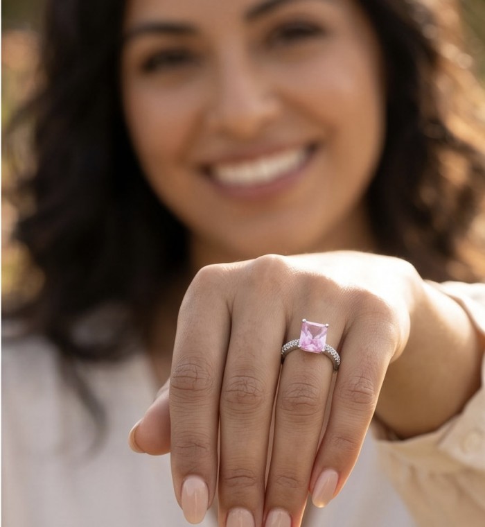 Anastasia princess cut 4.2 carat Pink Sapphire .925 Sterling Silver dipped in Rhodium Handcrafted Ring size 7 1/2 - Close-up of Anastasia ring with 4.2 carat pink sapphire worn on hand