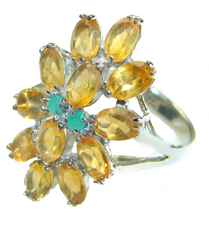Real Beauty 8.5 carat Authentic Citrine .925 Sterling Silver handcrafted Statement ring size 8 - Close-up of a citrine and sterling silver floral ring