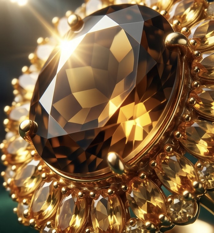 Serenity 18.5 carat genuine Smoky Topaz 18K Gold over .925 Sterling Silver HUGE Ring size 7 3/4 - Close-up of Serenity 18.5 carat Smoky Topaz with 18K gold setting.