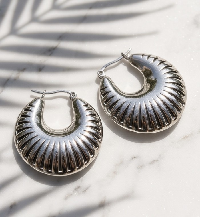 Highly Polished Fancy Modern design .925 Sterling Silver Italy made Earrings - Top view of polished sterling silver modern hoop earrings.