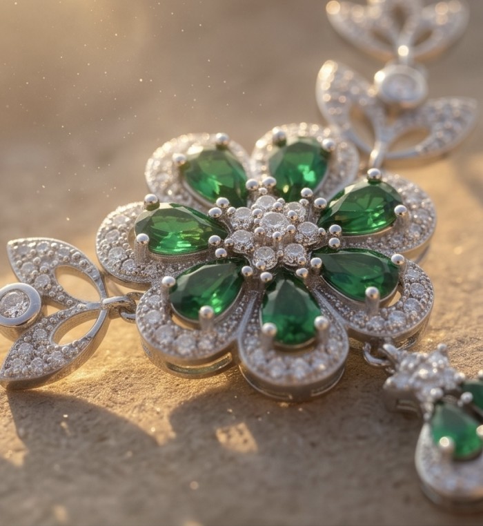 Giovanna - Authentic 10.9 carat Colombian Emerlad .925 Sterling Silver handcrafted Statement necklace - Close-up of flower-shaped emerald and diamond jewelry in sunlight