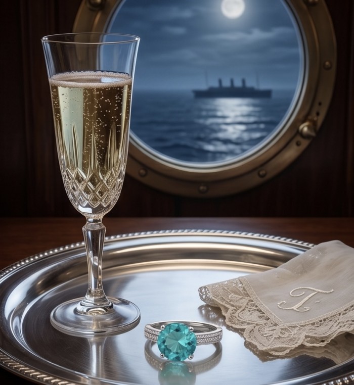 Massive Deep Blue 7.8 carat Aquamarine .925 Sterling Silver handcrafted ring size 7 - Aquamarine ring on silver tray with champagne glass, ocean scene background.
