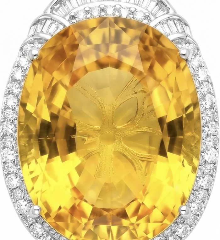 Tiffany - amazing quality 39.7 CARAT genuine Brazilian Lemon Quartz rhodium over .925 Sterling Silver handmade pendant - Close-up of Tiffany yellow gemstone ring with diamond accents