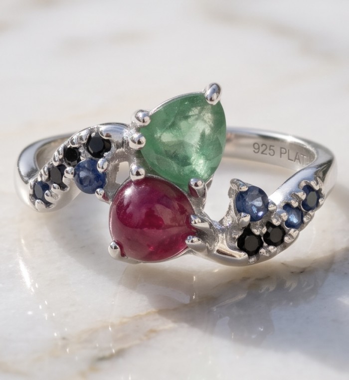 Blooming Garden 3.8 carat Mozambique Ruby Aquamarine rhodium over .925 Sterling Silver handmade Statement Ring size 8 - Close-up of multicolored gemstone ring with intricate setting