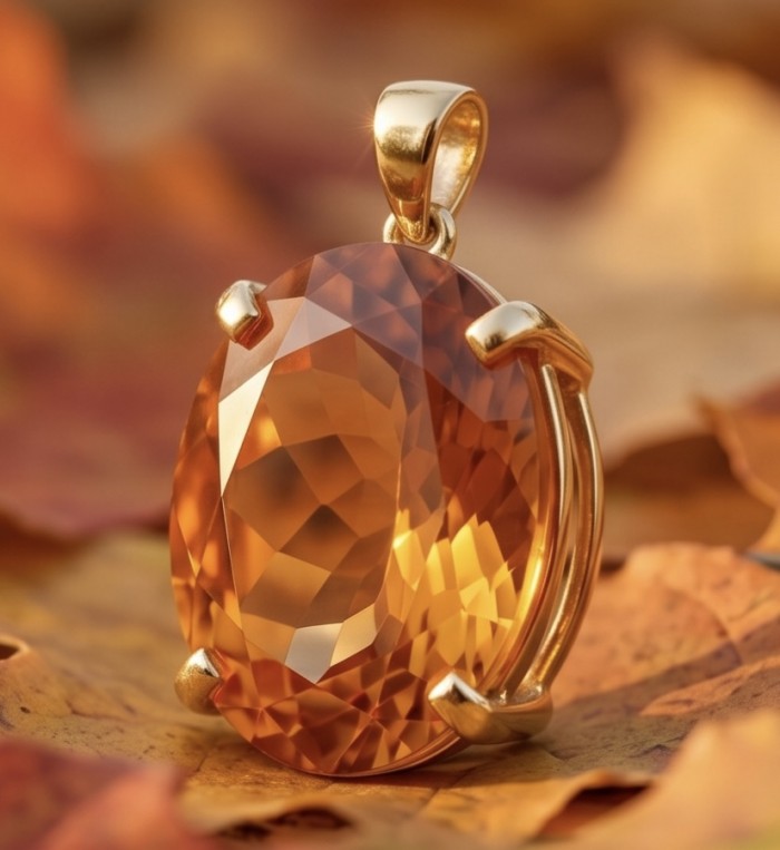 Oval cut 35.3 carat Lemon Quartz 22K Gold over .925 Sterling Silver handcrafted pendant - Close-up of oval cut lemon quartz pendant in gold setting.