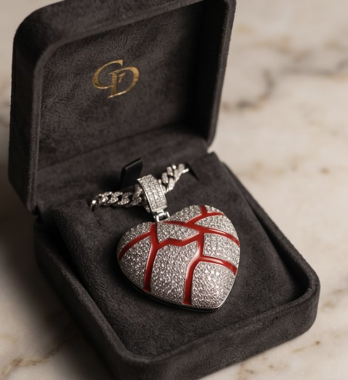 Lava Heart Luxurious 8.4 carat White Topaz .925 Sterling Silver handcrafted pendant - Heart pendant in jewelry box, top view, showcasing red and silver detailing.
