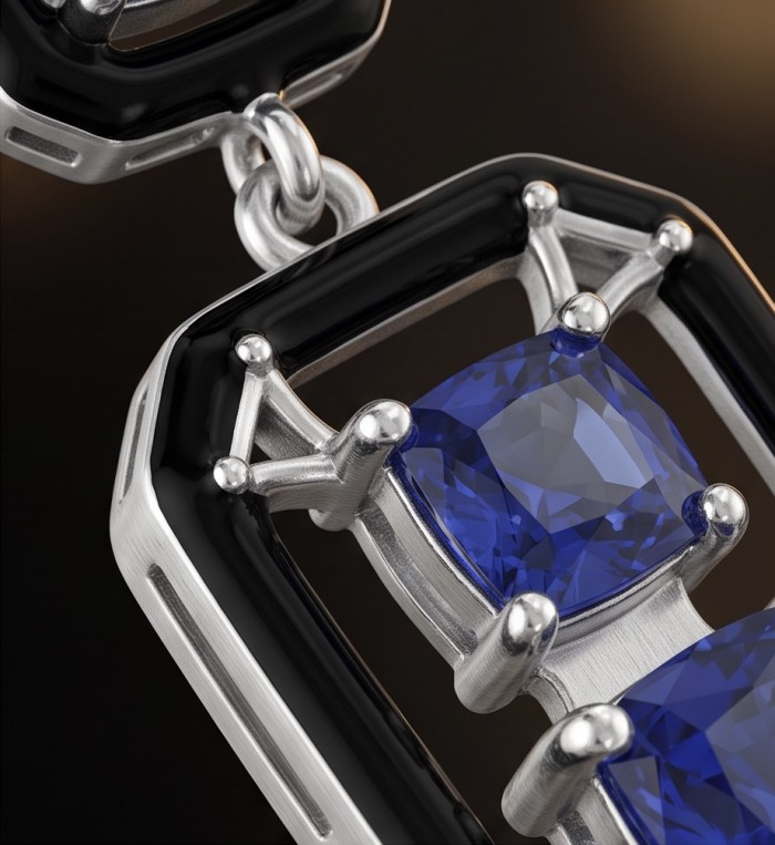 8.5 carat Art Deco Sapphire black enamel .925 Sterling Silver handcrafted Pendant - Close-up of sapphire and black enamel in sterling silver setting.