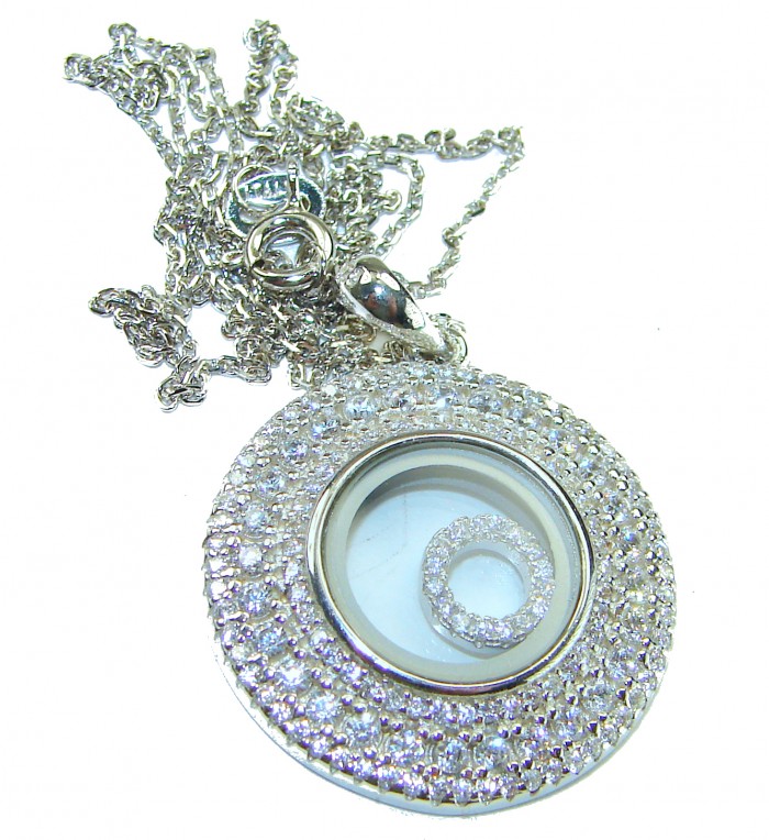 Floating Memories 12.5 carat White Sapphire .925 Sterling Silver Handcrafted Necklace - Close-up of round pendant with chain, white sapphire in sterling silver.