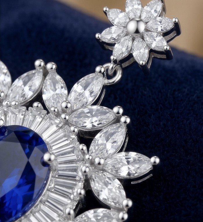 Born to Glam 4.2 carat natural Sapphire .925 Sterling Silver Perfectly handcrafted Pendant - Close-up of sapphire and diamond detail on sterling silver jewelry.
