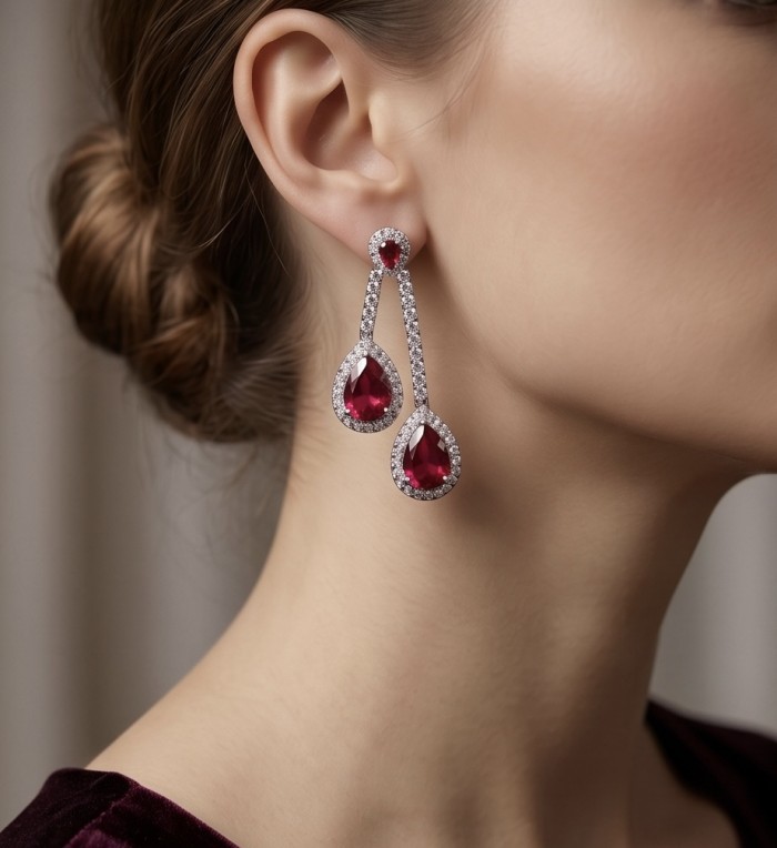 Royalty 8.2 carat Ruby .925 Sterling Silver .925 Sterling Silver Statement earrings - Side view of dangling ruby earrings worn on ear.