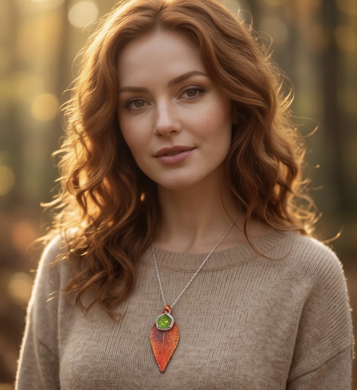 Stylish REAL Leaf dipped in Rose Gold 11.5 carat Garnet .925 Sterling Silver Pendant - Necklace with rose gold leaf and garnet worn by model in natural light.