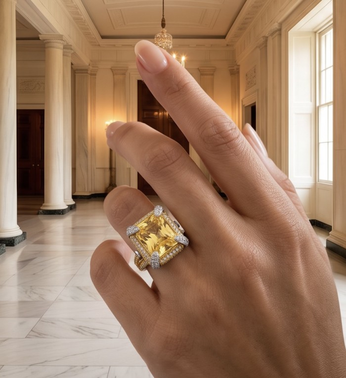 Wearable Art - Solid 27.2 carat Genuine Yellow Sapphire .925 Sterling Silver handcrafted ring size 6 1/2 - Yellow sapphire ring worn on hand in elegant room setting