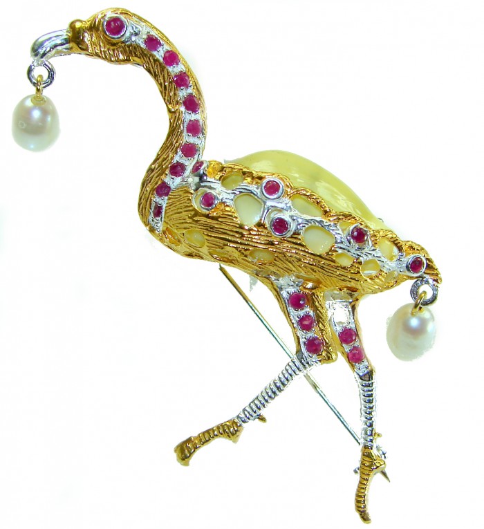 Precious Heron Natural Sea Shell 2 tones .925 Sterling Silver Brooch - Side view of heron brooch with pearls and gemstones on sterling silver.