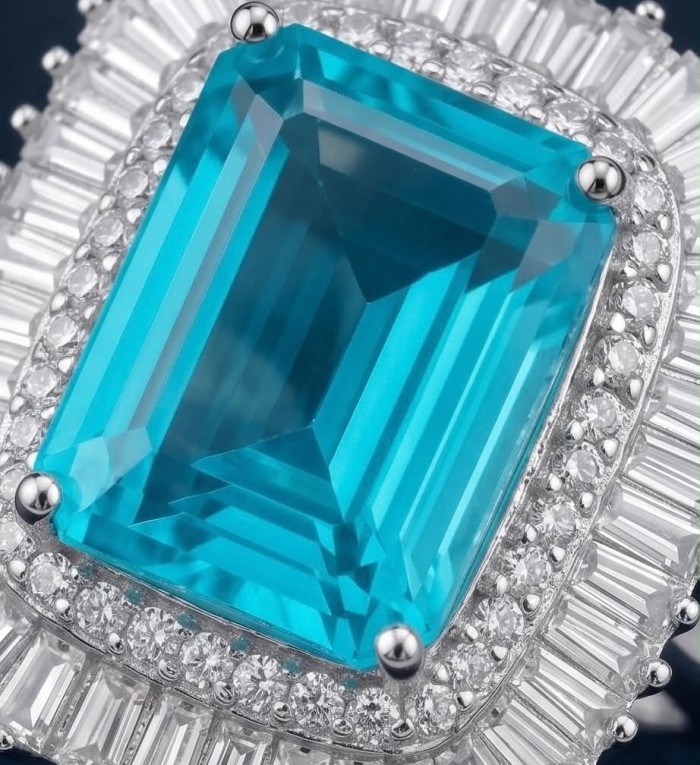 Blue Wonderland 15.5 carat Paraiba Tourmaline .925 Sterling Silver Handcrafted Ring size 8 1/4 - Close-up of Blue Wonderland Paraiba Tourmaline with diamond accents.