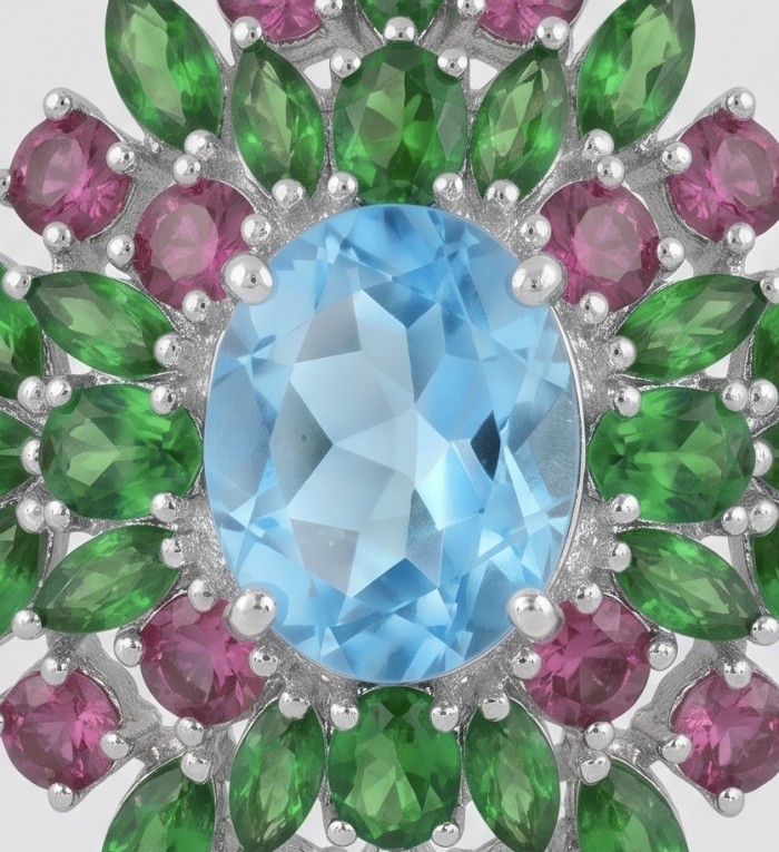 Exquisite 24.7 carat Swiss Blue Topaz rhodium over .925 Sterling Silver Handcrafted Statement earrings - Stone close-up of a Swiss Blue Topaz with green and pink accents