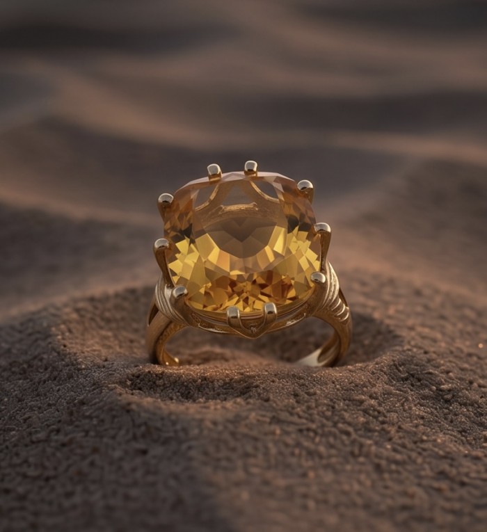 Liliana 28.5 carat HELIODOR .925 Sterling Silver dipped in Real 22K Gold Oversized Ring size 10 - Close-up of Liliana 28.5 carat heliodor ring on sand background