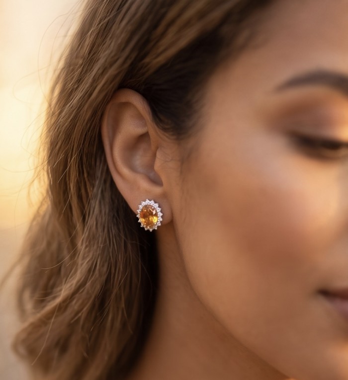 Victoria Authentic 785 carat Brazilian Citrine .925 Sterling Silver brilliantly dipped in rhodium handcrafted Statement earrings - Citrine earring worn, close-up side view on model's ear.